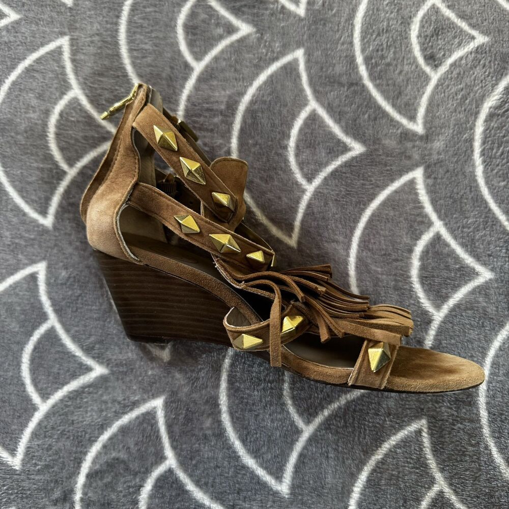 ASH Brown Suede Fringe Studded Leather Gladiator Studded Sandal Heels Sz 36 - Picture 9 of 16